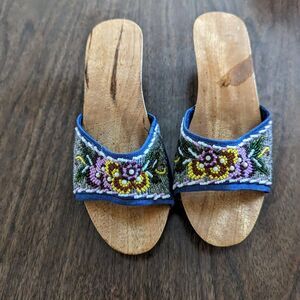 Beaded Floral Wood Slide Mules in Blue
